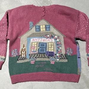 Vintage Hand Knitted Cardigan Sweater SZ L Cottagecore Antiques Farm House Pink thumbnail 12