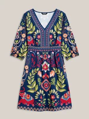 BloomChic Blue Floral Boho Dress V-Neck 3/4 Sleeve Midi Size 10 thumbnail 9