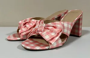 Draper James RSVP Pink White Gingham Plaid Checkered Bow Peep-Toe Open-Toe Heels Sandals Slides Shoes Size 8.5 🤍🩷 thumbnail 5