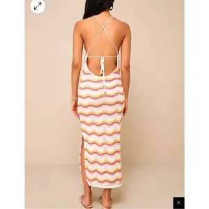 Lulus Natural Bliss NWT Ivory Striped Crochet Lace Up Halter Midi Dress Medium thumbnail 2