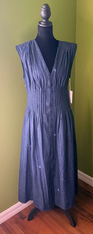 Free Assembly Blue Denim V-Neck Button Front Pocket Midi A-Line Dress S (4-6)New thumbnail 1