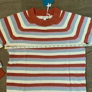 Pastel Stripe Pointelle Lightweight Knit Sweater Coastal Grandma Boho Size M NWT thumbnail 6