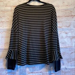 Free people round about tee long sleeve stripe L Large black green peplum casual thumbnail 7