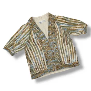 Chicos Shirred Cut Away Art To Wear Short Sleeve V Neck Jacket Tan Multi‎ Large thumbnail 11