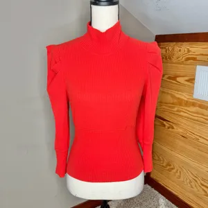 Free People Lala Cropped Puff Sleeve Mock Neck Ribbed Top Red Large L OB861565 thumbnail 2