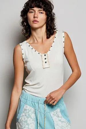 POL Studded Trim Button-Front Ruffle Detail‎ Tank - Cream - Medium thumbnail 1