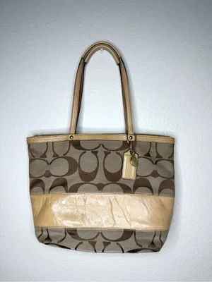 COACH Y2K Vintage Signature Monogram Metallic Tan Leather Stripe Tote Bag Preppy thumbnail 4
