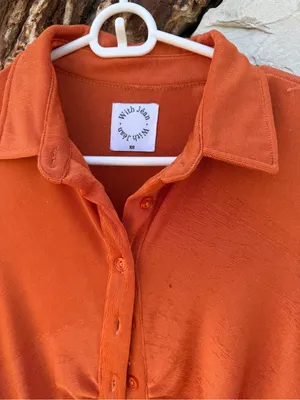With Jean Orange Ruched Button-Front Dress thumbnail 9
