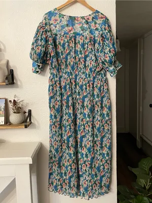 NWT Ganni Floral Pleated Georgette Blue V-Neck Puff Sleeve Midi Dress 40, Large thumbnail 4