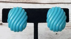 Vintage Clip On Earrings Bright Blue Oval Shape with Wavy Lines thumbnail 1