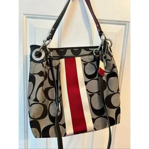 COACH Signature Hampton Stripe Purse Classic Logo Shoulder Bag Black Red White 1 thumbnail 3