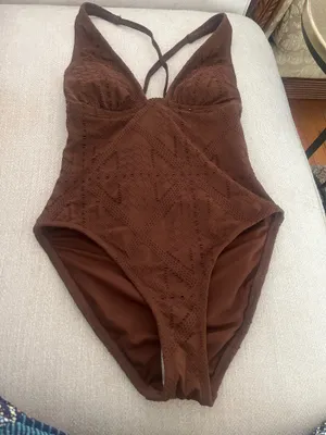 Women's Crochet Plunge High Leg Medium Coverage One Piece Swimsuit Shade & Shore Brown thumbnail 4
