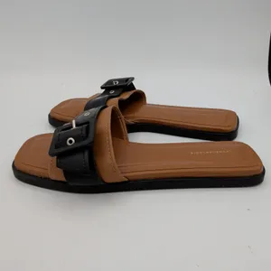 Anthropologie‎ Women Tan Black Leather Buckle Slide Sandals Square Toe Size 37 thumbnail 3