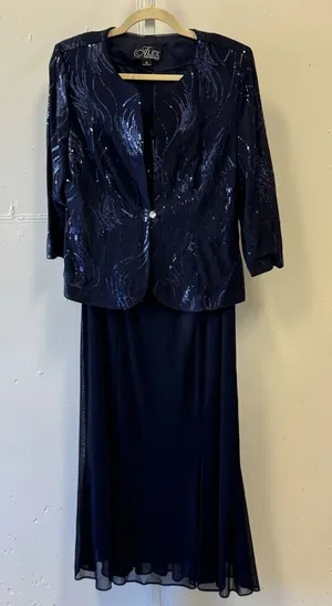 Alex Evenings Navy Blue Sequin 2 pc Dress Jacket Set Formal Mother of the Bride‎ thumbnail 1