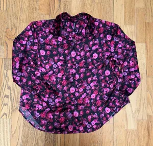 FOR LOVE AND LEMONS Lola Silk Like Pajama Top Long Sleeve Pink‎ Black Floral XS thumbnail 1