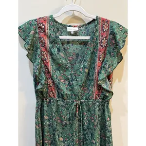 Boemo Ruffle Prairie Floral Green Paisley Maxi Dress V-Neck Ruffle Size Medium thumbnail 4