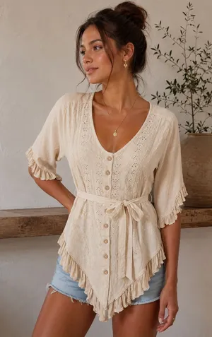 My Choice Women’s Boho Embroidered Tie Waist Ruffle Top-100% Rayon. Size: Large thumbnail 1