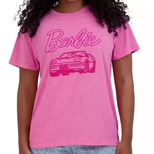 Mattel Barbie Graphic T Shirt Short Sleeve Car‎ Velvet Print Tee pink Women’s XL thumbnail 1