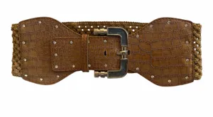 Wide Brown Braided Faux-Croc Stretch Belt with Buckle thumbnail 1