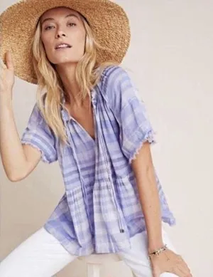 Pilcro Anthropologie The Bette babydoll Plaid Gauze Peasant Blouse Tassel Size M thumbnail 1