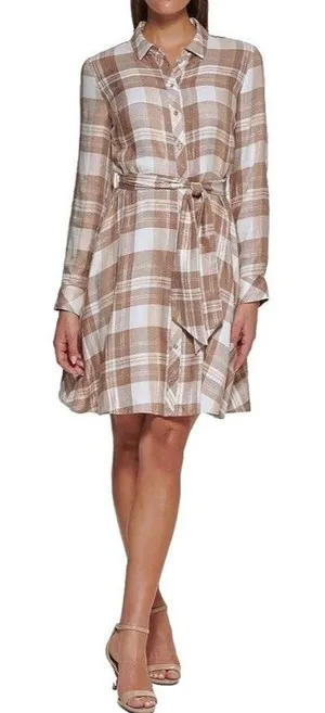 Tommy Hilfiger Womens Metallic Plaid Shirtdress Taupe NWT Size 8 Preppy Classic thumbnail 1