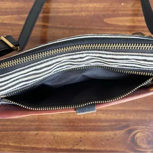 FOSSIL Black White Striped Leather Textile Crossbody Purse thumbnail 4