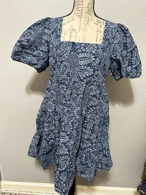 Madewell Blue Paisley Cotton Mini Dress Puff Sleeve Square Neck Size 8 boho thumbnail 1