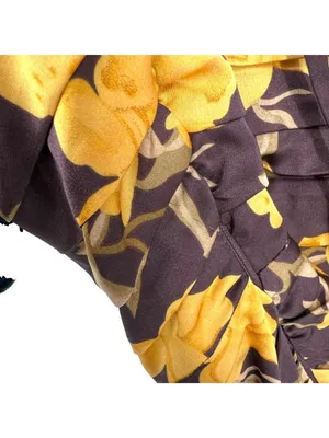 Floret Cottagecore Dark Floral Ruched Square Neck Dress Yellow Brown XS NWOT thumbnail 9