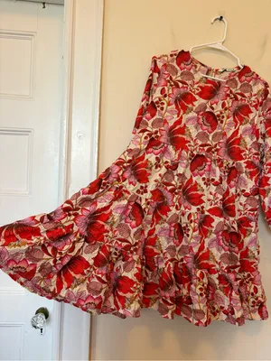 ZARA Sharon Crinkled Textured Floral Print Tiered Mini Dress Red/Pink Sz Large thumbnail 10