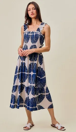 SO ME Abstract Print Smocked Bodice Tiered Lined Midi Dress - Navy - Large thumbnail 1