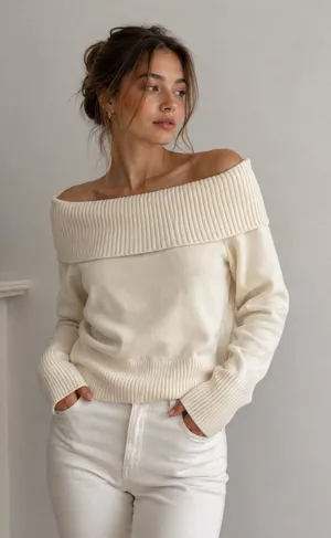 Women’s Ivory Off Shoulder Sweater Ribbed Foldover Cowl Neck Knit Pullover thumbnail 1