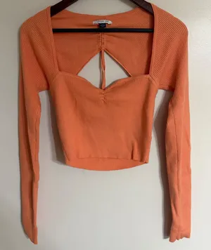 American Eagle Womens Ribbed‎ Long Sleeve Cutout Crop Top Coral Orange Large thumbnail 1