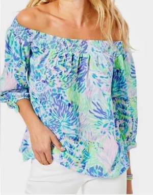 Lilly Pulitzer Maryellen Top Shell of a Party Off Shoulder Smocked Blouse M thumbnail 1
