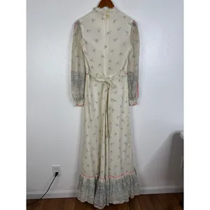 Vintage 70s Floral Prairie Maxi Dress Lace Trim Cottagecore Sheer Sleeve Cream thumbnail 2