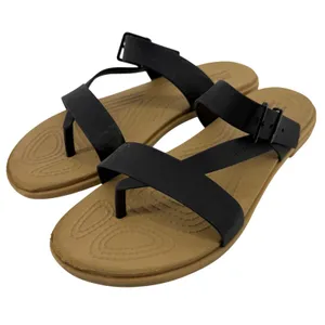 Crocs Tulum Toe Post Sandal Black Tan Women 7 Strappy Slip On Flip Flop Buckle thumbnail 1