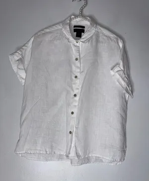 rachel‎ rachel roy White Collar Short Sleeve Button Down Linen Top Small thumbnail 1