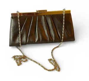 Vintage Jessica McClintock Brown Pleated Evening Clutch Gold‎ Chain Bag y2k thumbnail 1