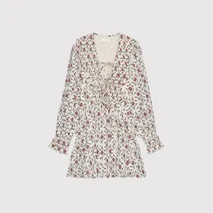 ZARA Mini Dress Beige Floral Puff Sleeve V Neck Lace Up Ruffle A Line Boho XS thumbnail 2