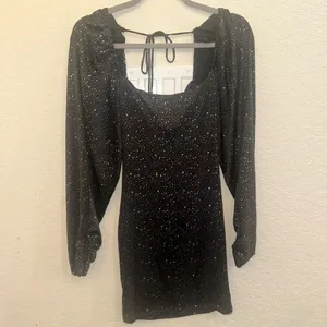 Lucy In The Sky Small Black Sparkle Long Sleeve Ruffle Bodycon Mini Formal Dress thumbnail 2