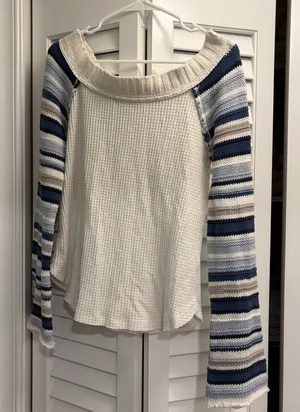 Altar’d State Off the Shoulder Bell Sleeve Sweater Waffle Knit Small thumbnail 1