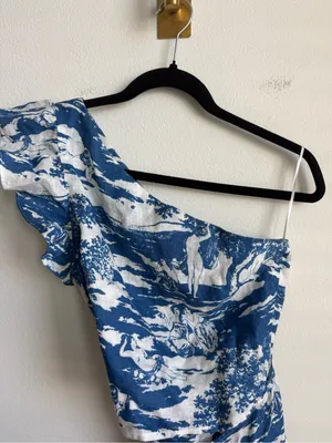 Reformation Toscana One Shoulder Wrap Linen Mini Dress Blue White Size 4 thumbnail 7