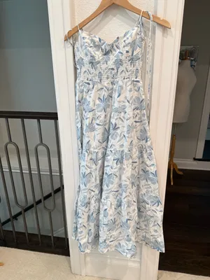 WAYF Blue Floral Tie Strap Smocked Bustier Tiered Midi Dress M thumbnail 2
