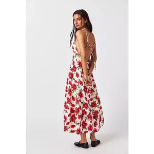 Free People White Floral Slip Midi Dress with Red & Green Print thumbnail 2