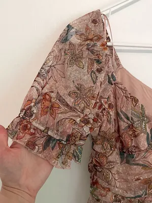 MERAKI Mauve Pink Floral Mesh Ruched Short Sleeve Puff Sleeve Crop Top Blouse L thumbnail 7