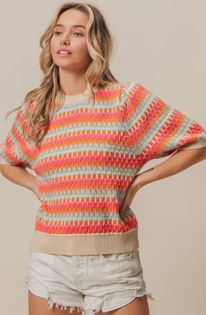 THML Colorful Ribbed Knit Quarter Sleeve Sweater Multicolor Neon Pink Orange thumbnail 1