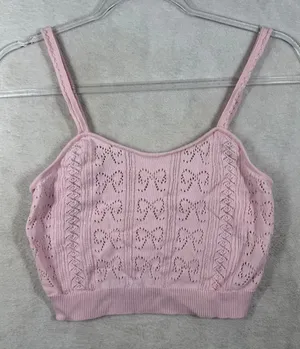 LoveShackFancy Pink Pointelle Bow Knit Cotton Cropped Cami Tank Top XS thumbnail 1