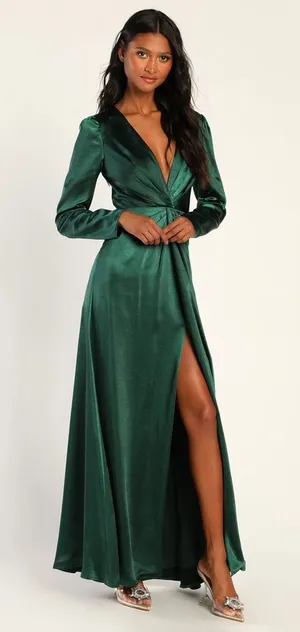 Lulus Endearing Elegance Emerald Green Satin Long Sleeve Maxi Dress Large NWOT thumbnail 1