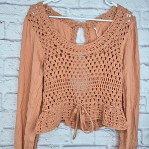 Free People Megan Crochet Peplum Blouse Open Back Boho Top Terracotta Gauze S thumbnail 5