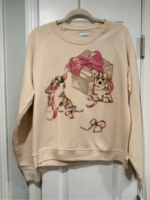 NWOT Maeve Anthropologie Size XL Dog Gift Bow Graphic Sweatshirt Beige Gold thumbnail 1