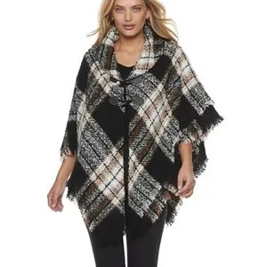 APT.9 London Plaid Toggle Ruana Poncho Cape Wrap Black‎ Brown White Cozy OS thumbnail 2